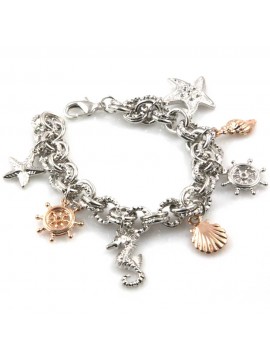 bracciale donna in bronzo gioiello con ciondoli conchiglia stella timone cavalluccio marino misura cm 19