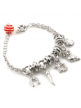 bracciale donna in bronzo gioiello con ciondoli porta fortuna 13 corno coccinella gufo misura cm 19