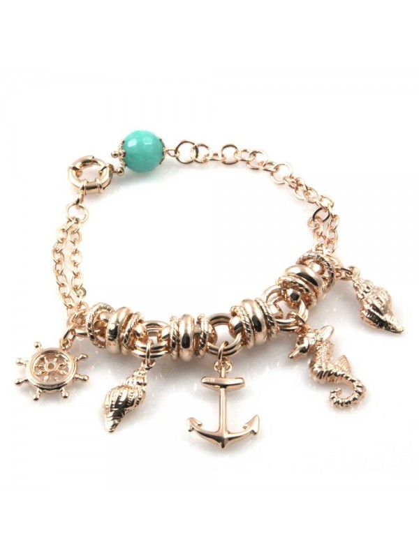 bracciale donna in bronzo gioiello con ciondoli marinari ancora timone cavalluccio conchiglia misura cm 19