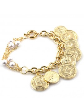bracciale donna in bronzo gioiello con ciondoli moneta e perle cm 19
