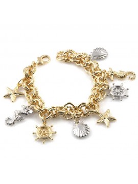 bracciale donna in bronzo gioiello con ciondoli marinari timone conchiglia cavallucio marino misura cm 19
