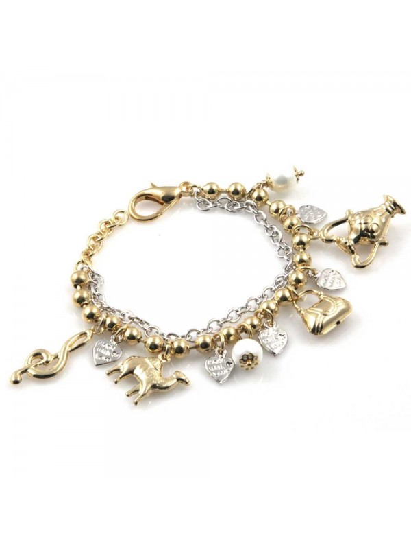 bracciale donna in bronzo gioiello con ciondoli pendenti fantasia anfore cammello nota musicale misura cm 19