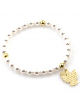 bracciale donna con ciondolo angelo custode preghiera gioiello in argento 925 dorato  e perle misure unica elastico  mm 17 mm 15