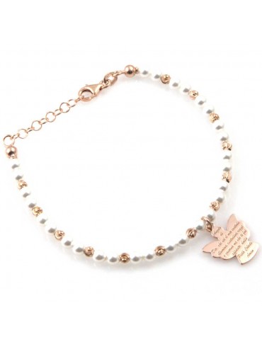 bracciale donna con ciondolo angelo custode preghiera gioiello in argento 925 ramato e perle bianche cm 19 mm 17 mm 15