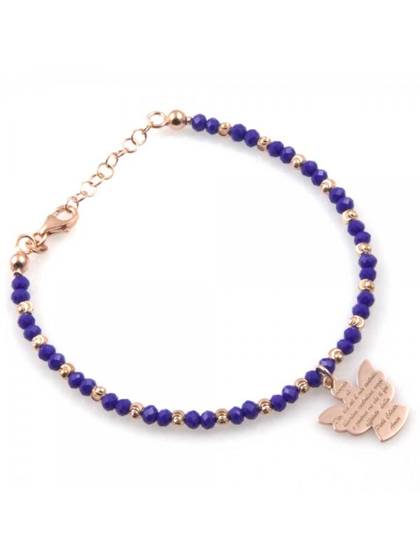 bracciale donna con ciondolo angelo custode preghiera gioiello in argento 925  ramato e pietre sfaccettate blu cm 19 mm 17 mm 15