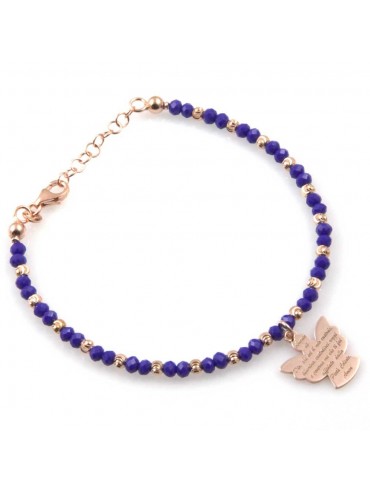 bracciale donna con ciondolo angelo custode preghiera gioiello in argento 925  ramato e pietre sfaccettate blu cm 19 mm 17 mm 15
