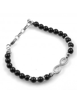 bracciale uomo donna con infinito gioiello in acciaio e pietre dure nere cm 19 sfere mm 8