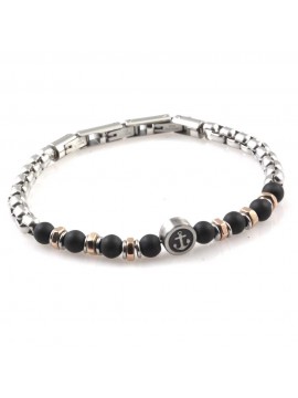 Bracciale uomo con ancora in acciaio e pietre maglia a cerchi esagoni