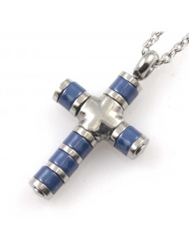 Collana croce da uomo in acciaio e elementi in ceramica blu