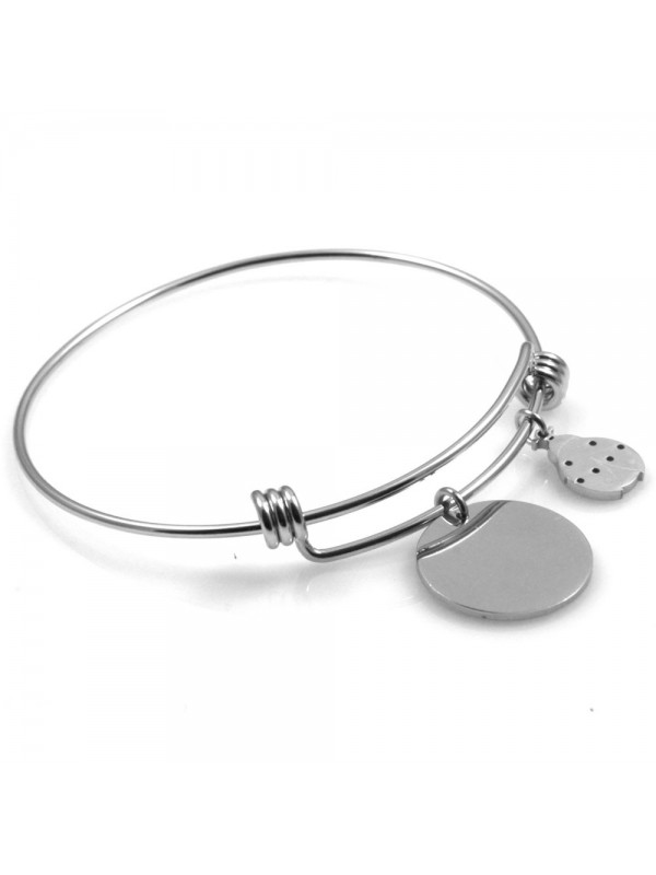bracciale donna in acciaio rigido con ciondolo tondo e coccinella ottimo per incisione