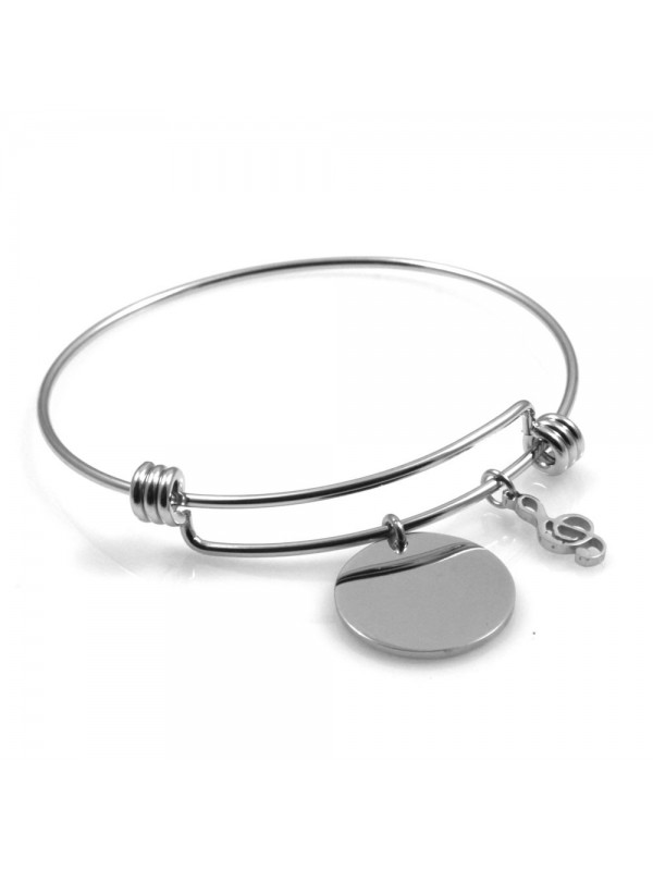 bracciale donna in acciaio rigido con ciondolo tondo e chiave di sol ottimo per incisione