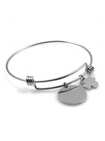 bracciale donna in acciaio rigido con ciondolo tondo e quadrifoglio ottimo per incisione