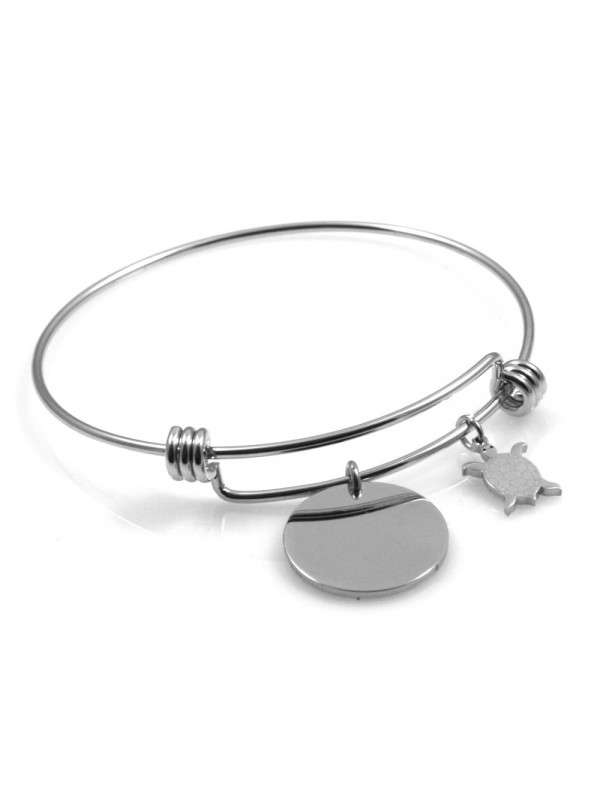 bracciale donna in acciaio rigido con ciondolo tondo e tartaruga ottimo per incisione