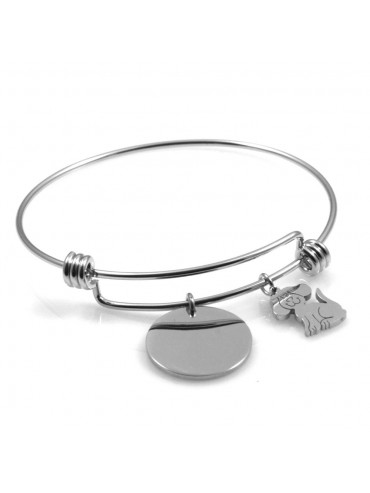 bracciale donna in acciaio rigido con ciondolo tondo e cagnolino ottimo per incisione