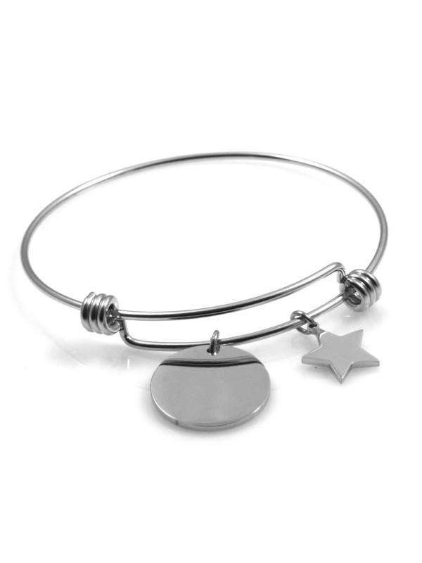 bracciale donna in acciaio rigido con ciondolo tondo e stellina ottimo per incisione