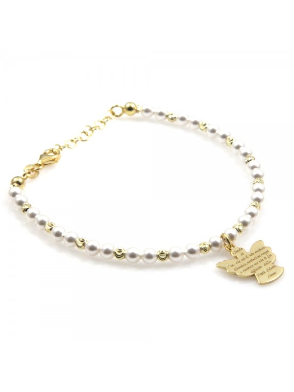 bracciale donna bimba con angelo custode preghiera argento dorato e perle