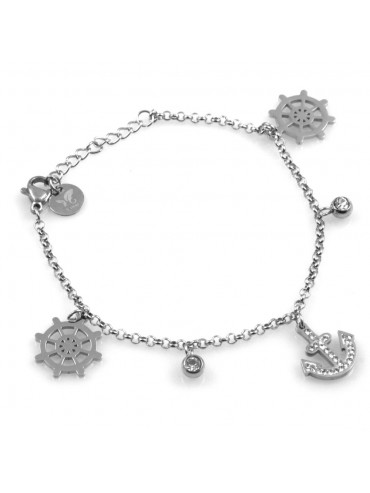 bracciale donna con ancora e timone in acciaio e strass
