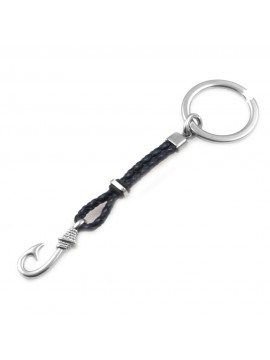 Portachiavi uomo con amo da pesca pescatore acciaio e pelle blu prt0017