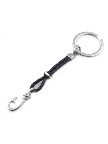 Portachiavi uomo con amo da pesca pescatore acciaio e pelle blu prt0017
