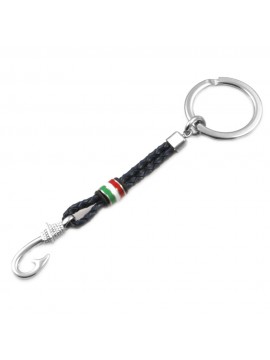 Portachiavi uomo con amo da pesca pescatore in acciaio pelle e smalti prt0043