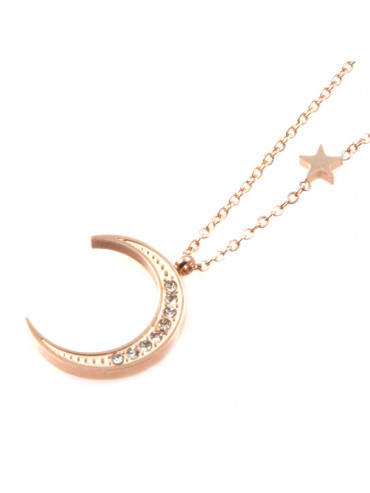 Preziosionline Collana con Luna e Stella Donna in Acciaio ramato e Strass cll0655