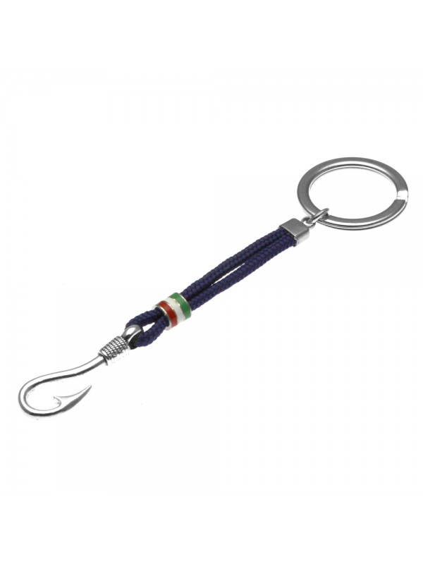 portachiavi uomo con amo da pesca o pescatore in acciaio e cordoncino - prt0093