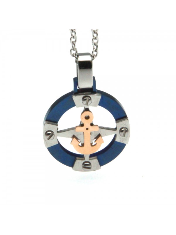 Collana con rosa dei venti e ancora uomo ciondolo in acciaio cln0143 Collana con rosa dei venti e ancora uomo ciondolo in acciaio cln0143