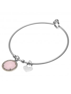 Bracciale donna rigido con quarzo rosa e cuore in acciaio - bcc0604