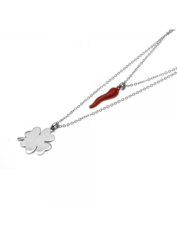 collana donna corno rosso e quadrifoglio cll1260