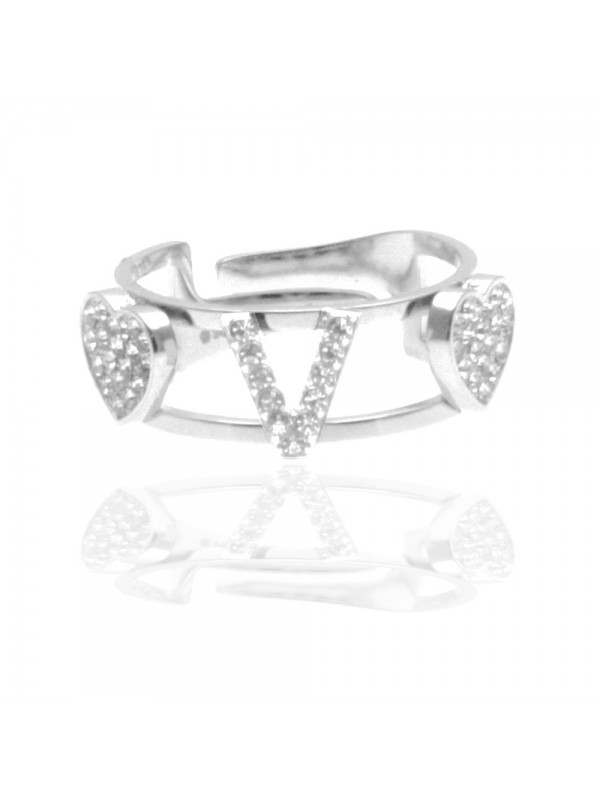 anello con iniziale v in acciaio e strass all0087