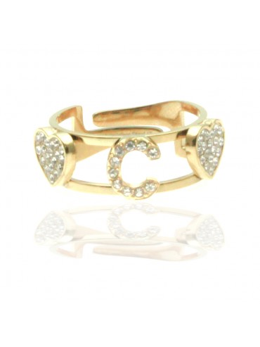 anello con lettera c cuoricini in acciaio e strass all0090
