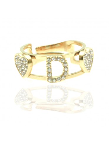 anello con lettera d cuoricini in acciaio e strass all0091