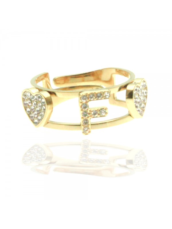 anello con lettera f cuoricini in acciaio e strass all0093