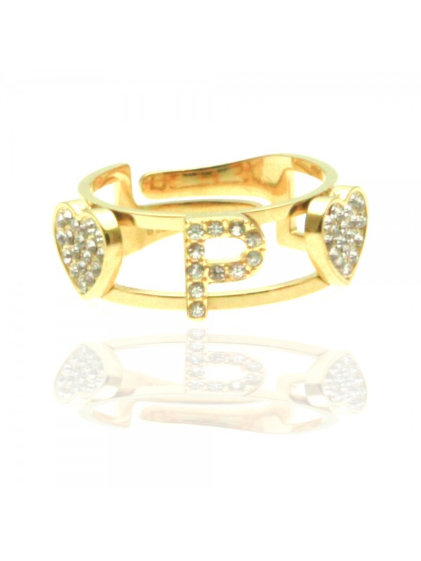anello con lettera p cuoricini in acciaio e strass all0099
