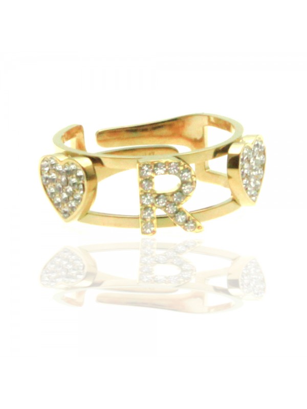 anello con lettera r cuoricini in acciaio e strass all0100