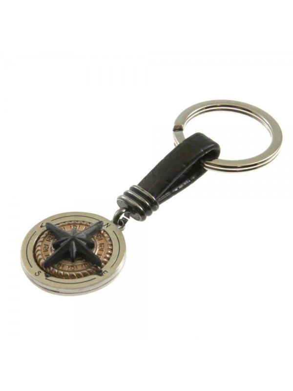 portachiavi uomo con rosa dei venti in acciaio e pelle prt0233